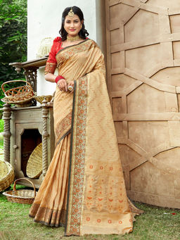 Sangam Prints - Beige Silk Woven Zari Work Traditional Saree with Unstitched Blouse