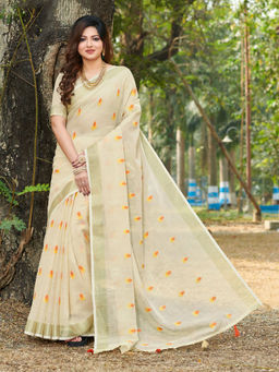 Sangam Prints - Cream Linen Siroski Stone Work Traditional Tassels Saree with Unstitched Blouse