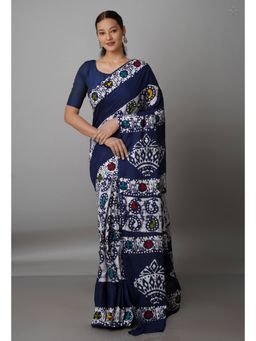 Unnati Silks - Navy Blue Pure Batik Kota Cotton Saree with Unstitched Blouse