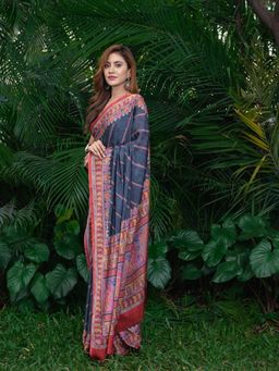 Beatitude - Blue Grey Satin Saree with Unstitched Blouse