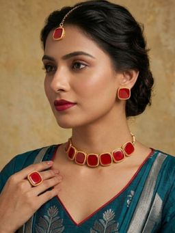 Accessher - Women Red Brass Jewellery Set
