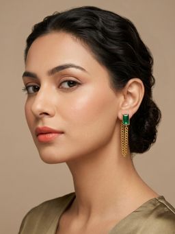 RACHIVA - 18K Gold Plated Emerald Green Baguette Cz Curb Chain Earrings