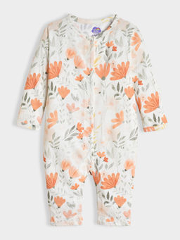 Mi Arcus - White Cotton Printed Full Sleeve Sleepsuit for Kids