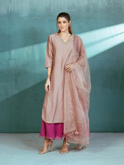 MANDIRA WIRK - Rosy Pink Chanderi Kurta Sharara (Set of 4)