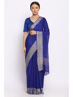 Via East - Electric Blue Crepe Saree with Crinkled Zari Border with Unstitched Blouse
