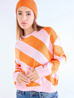 Bewakoof - Women's Pink & Orange Striped Oversized Sweater