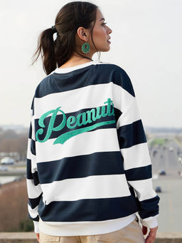 Bewakoof - Official Peanuts Women's Bright White & Blue Peanuts Graphic Printed Oversized Sweatshirt