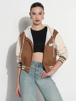 SHOWOFFFF - Edition Womens Brown Hooded Relaxed Fit Varsity Jacket