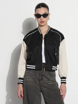 SHOWOFF - Edition Womens Striped Black Mandarin Collar Zipper Varsity Jacket