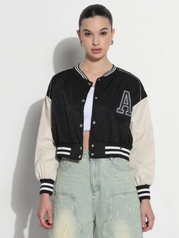 SHOWOFF - Edition Womens Typography Black Mandarin Collar Relaxed Fit Varsity Jacket