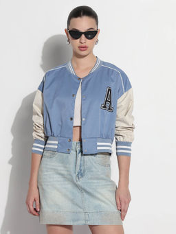 SHOWOFF - Edition Womens Typography Blue Mandarin Collar Relaxed Fit Varsity Jacket