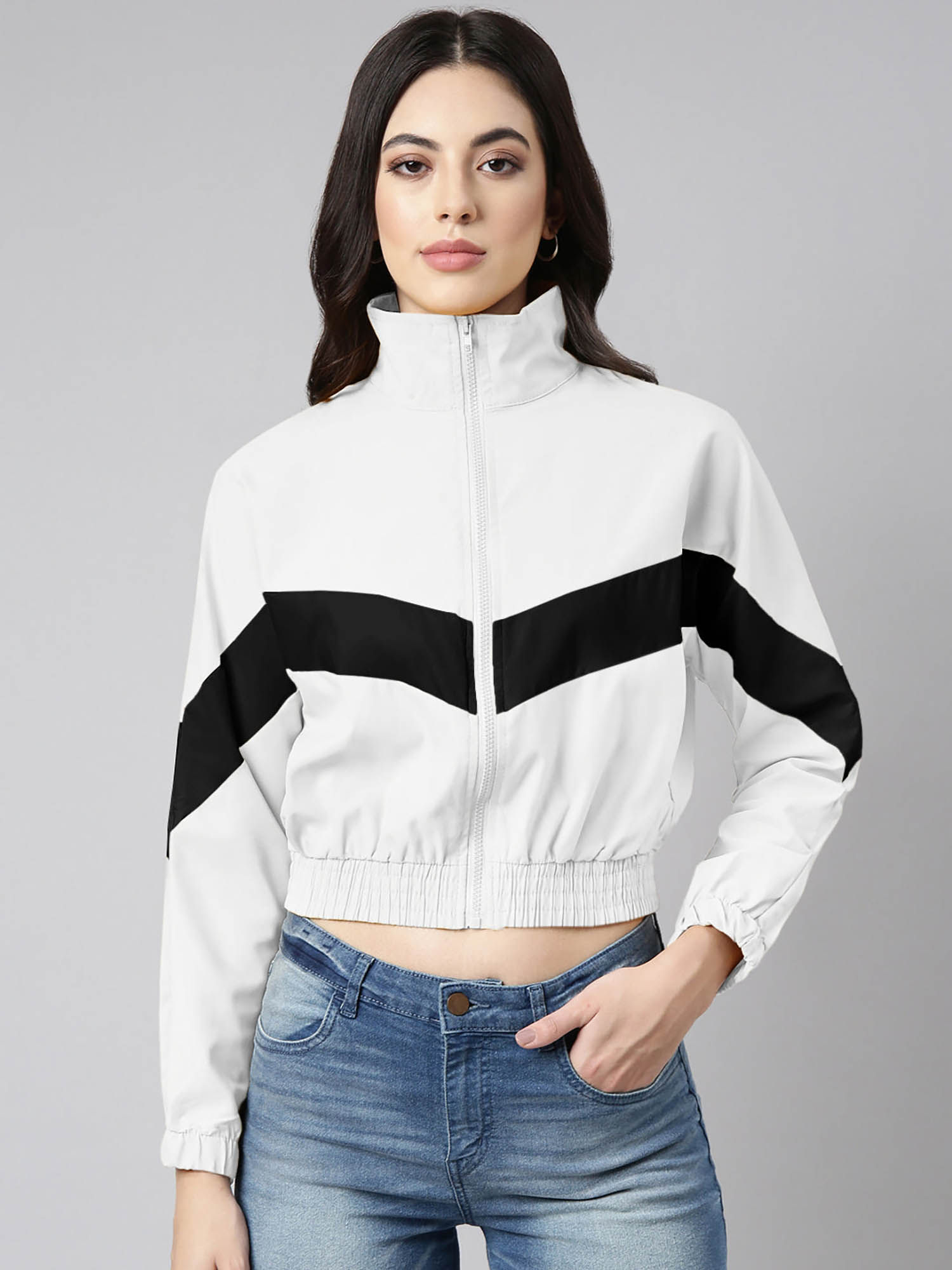 showoffff Womens White Mock Collar Relaxed Fit Zipper Crop Bomber Jacket-picture-18