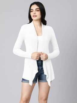 SHOWOFF - Womens Ribbed White Asymmetric Hem Shrug