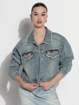 SHOWOFF - Edition Womens Embellished Blue Spread Collar Relaxed Fit Denim Jacket