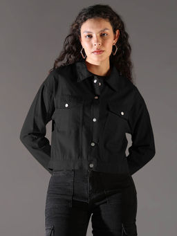 SHOWOFF - Womens Black Denim Jacket with Chest Pockets
