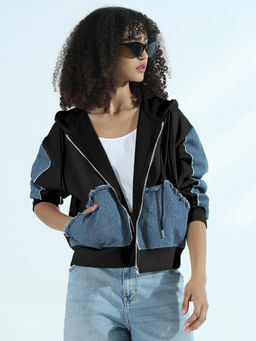 SHOWOFF - Edition Womens Black Zip-Up Hoodie with Frayed Denim Patches Jacket