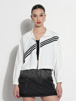 SHOWOFF - Edition Womens Striped White Mock Collar Relaxed Fit Zipper Jacket