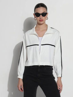 SHOWOFFFF - Edition Womens White Mock Collar Relaxed Fit Zipper Jacket