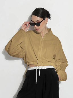 SHOWOFF - Womens Khaki Shirt Collar Crop Tailored Jacket