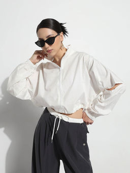 SHOWOFF - Edition Womens White Mock Collar Relaxed Fit Zipper Crop Tailored Jacket