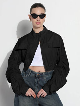 SHOWOFF - Edition Womens Black Mock Collar Relaxed Fit Zipper Crop Bomber Jacket