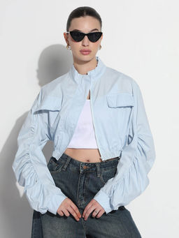 SHOWOFF - Edition Womens Blue Mock Collar Relaxed Fit Zipper Crop Bomber Jacket