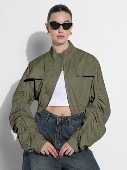 SHOWOFF - Womens Olive Shirt Collar Crop Bomber Jacket
