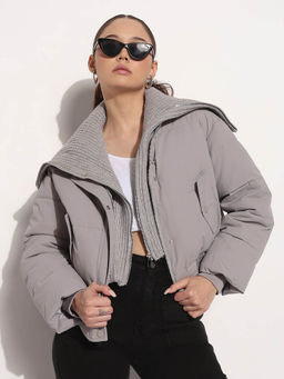 SHOWOFF - Edition Womens Grey Shawl Collar Puffer Jacket