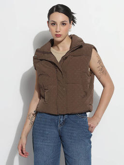 SHOWOFF - Edition Womens Brown Mock Collar Studded Zipper Puffer Jacket