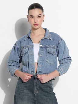 SHOWOFFFF - Edition Womens Embellished Blue Spread Collar Relaxed Fit Denim Jacket