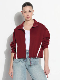 SHOWOFF - Edition Womens Striped Maroon Mock Collar Relaxed Fit Zipper Jacket