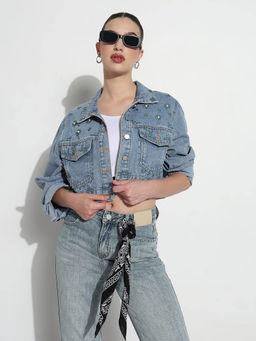 SHOWOFFFF - Edition Womens Embellished Blue Spread Collar Relaxed Fit Crop Denim Jacket