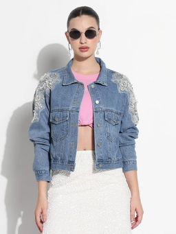 SHOWOFF - Edition Womens Blue Spread Collar Relaxed Fit Denim Jacket