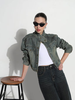 SHOWOFF - Edition Womens Embellished Blue Stand Collar Relaxed Fit Denim Jacket