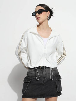 SHOWOFF - Edition Womens White Mock Collar Relaxed Fit Zipper Jacket