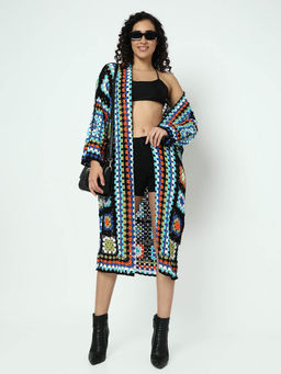 SHOWOFF - Edition Womens Multicolor Drop Shoulder Crochet Longline Shrug