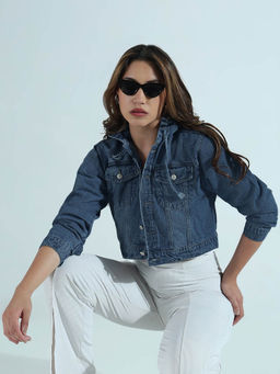 SHOWOFF - Womens Blue Hooded Relaxed Fit Denim Jacket
