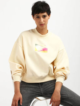 Calvin Klein - Oversized Fit Cotton Crew Neck Cream Sweatshirt