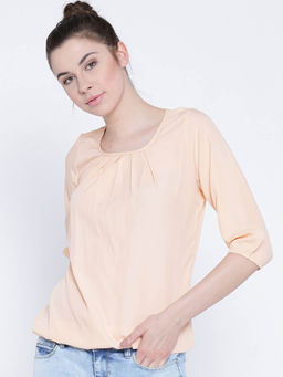 Sera - Peach Polyester Solid Blouson Top
