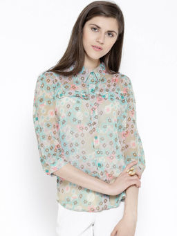 Sera - Aqua Polyester Printed Crinkled Sheer Shirt
