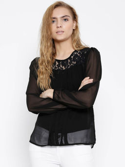 Sera - Black Polyester Lace Yoke Sheer Top