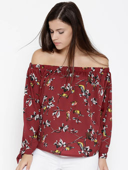 Sera - Women Maroon Floral Bardot Top