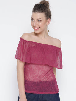 Sera - Women Magenta Self Design Bardot Top