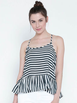 Sera - Women Navy Blue Striped Peplum Top