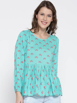 Sera - Turquoise Blue Printed Woven Peplum Top