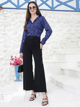 Sera - Women Blue Printed Button Crop Shirt Style Top