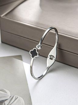 JEWELZ - Silver-Tone Clover Bangle Bracelet with Black Enamel and Crystal Accent