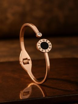 JEWELZ - Rose Gold Roman Dial Open Bangle Bracelet with Black Enamel and Crystal