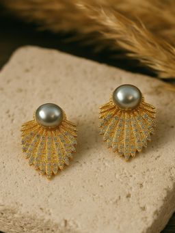JEWELZ - Gold-Plated Shell Fan Earrings with Pearl and Crystal Detailing