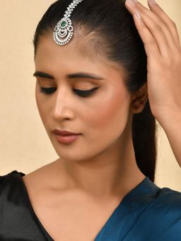 Silvermerc Designs - Bridal American Diamond Green Stone Maangtika for Women